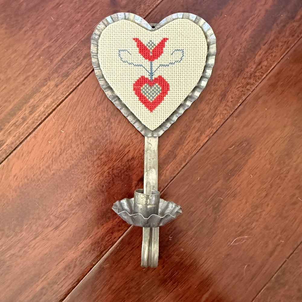 Vintage Cross Stitch Heart Wall Candle Sconce Tin Metal Folk Art Cottagecore 7"